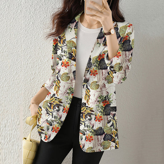 Women's Button Printed Long-sleeved Pocket Vintage Cotton And Linen Blazer