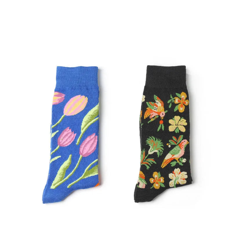 1 Pair Art Socks New Men Women Cotton Socks Couple Funny Socks Flower Bird Long Colorful Socks EUR39-44