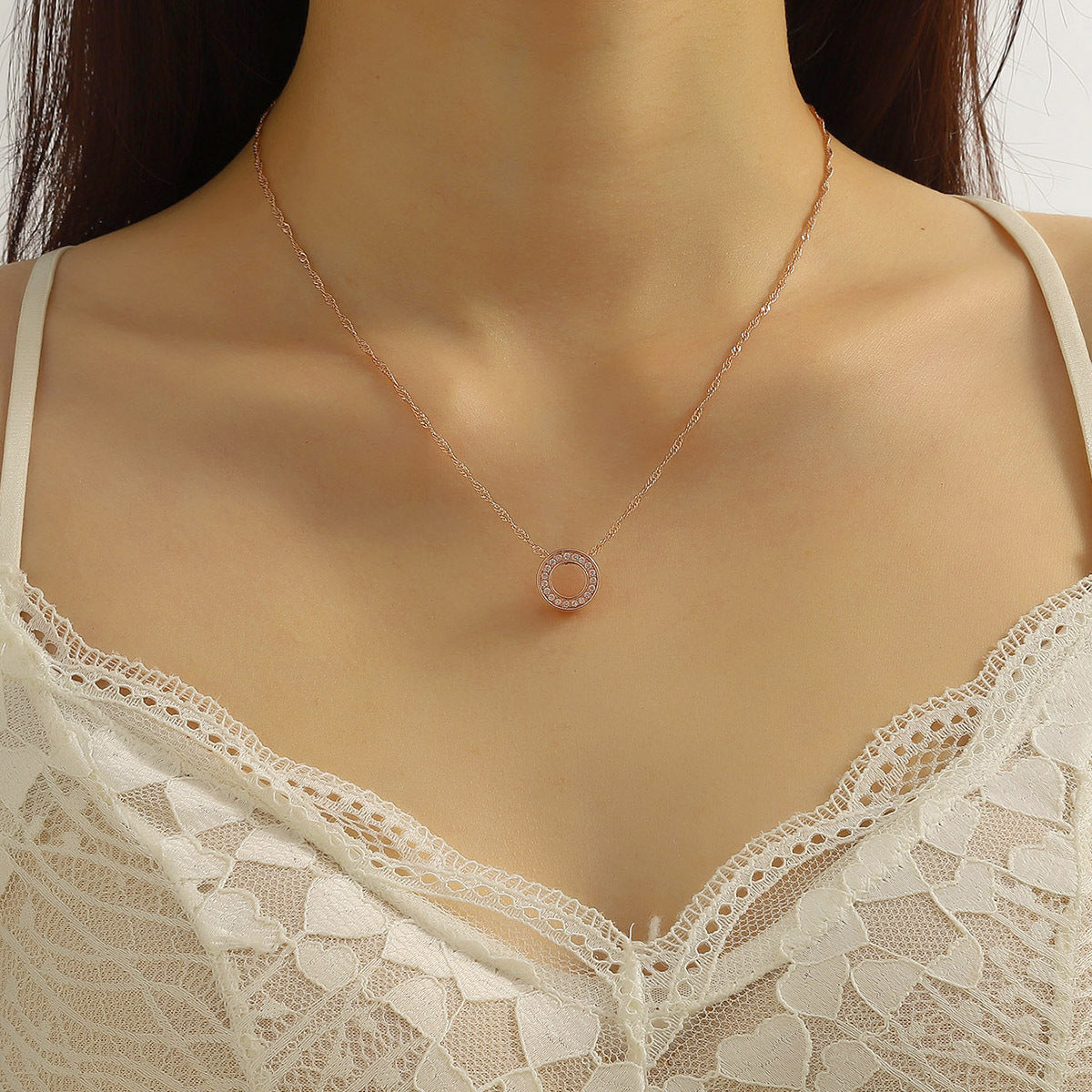 Micro Inlaid Zircon Geometric Ring Necklace Women's Fashion