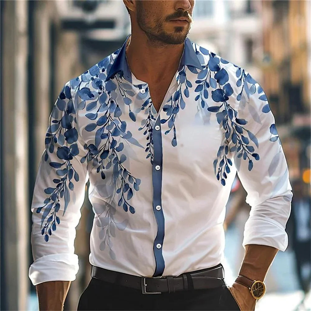 2024 New men's casual 3D printed leaf print shirt for daily wear, spring lapel long sleeved button up shirt S-6XL plus size