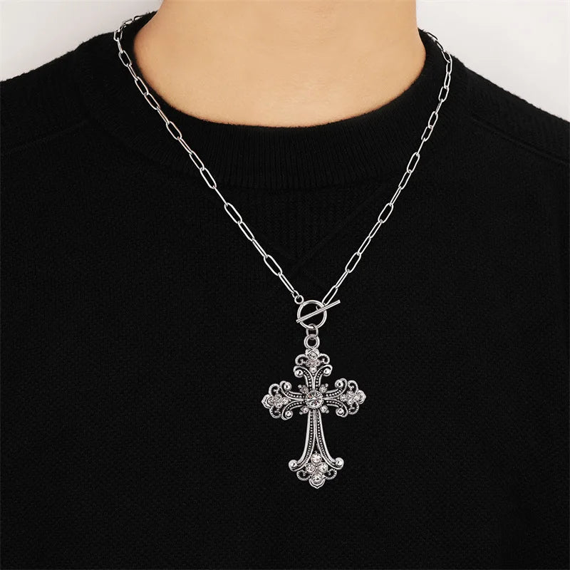 Baroque Bohemian Rhinestone Big Cross Necklace For Men Hip Hop Versatile New OT Buckle Large Cross Pendant Chain y2k Goth Jewelr