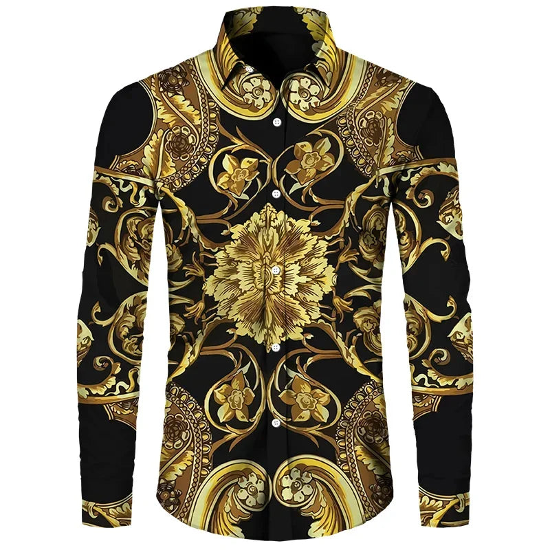 2024 Luxury Golden Flower Chain 3D Print Men Long Sleeve Shirt Casual Mens Designer Clothing Streetwear Lapel Button Shirts