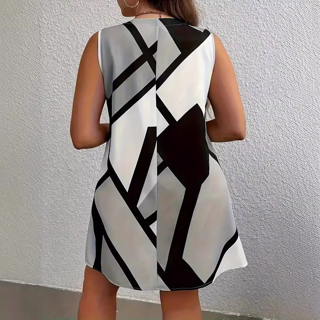 Women's Geometric Print Stitching Fashion V-neck Plus Size Sleeveless Dress